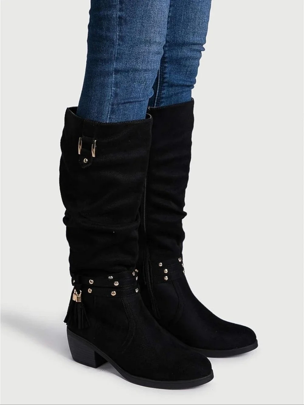 Black Suede Like Tassel Mid Calf Boots